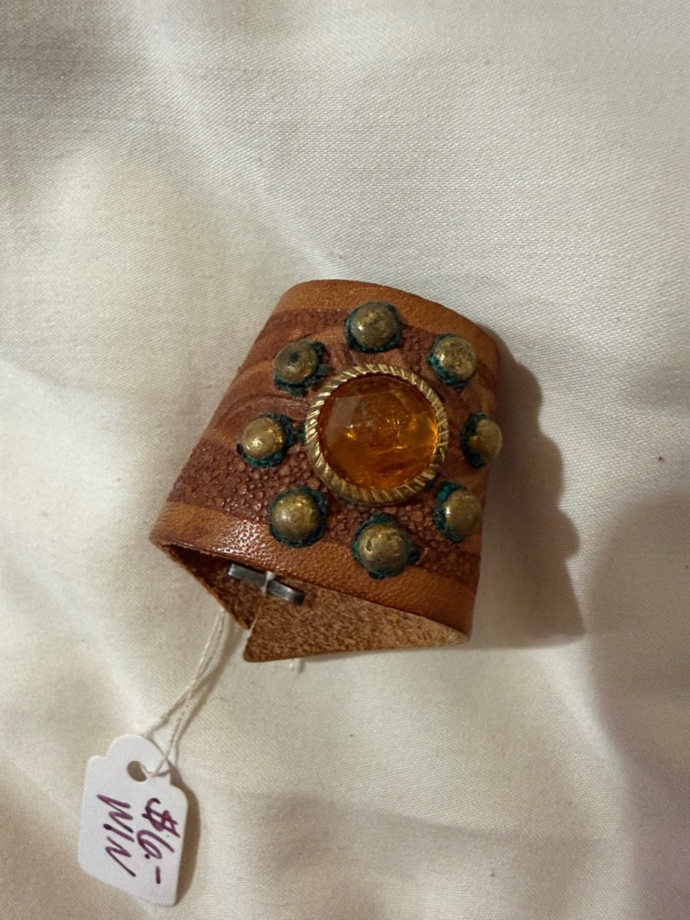 Handcrafted Brown Leather Scarf Slide with Amber Accent